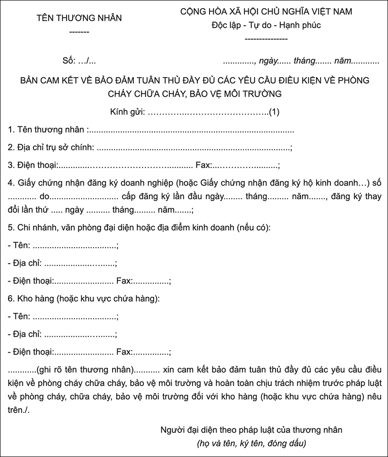 Mẫu bản cam kết phòng cháy chữa cháy 