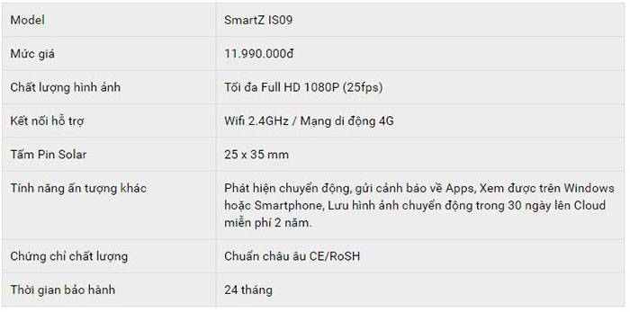 Thông số kỹ thuật camera 4g SmartZ - IS09