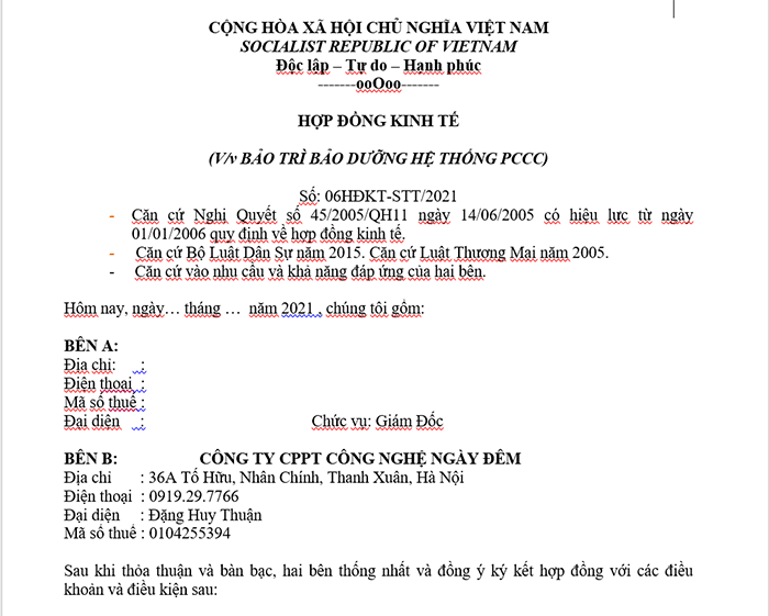 Hợp đồng bảo dưỡng PCCC Hà Nội rõ ràng chi tiết
