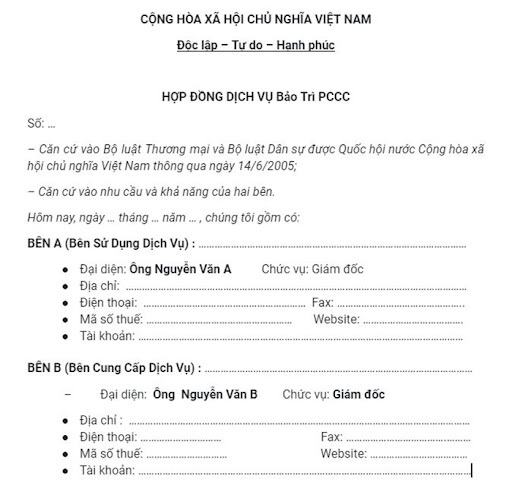 Phần thông tin mẫu hợp đồng bảo trì hệ thống PCCC