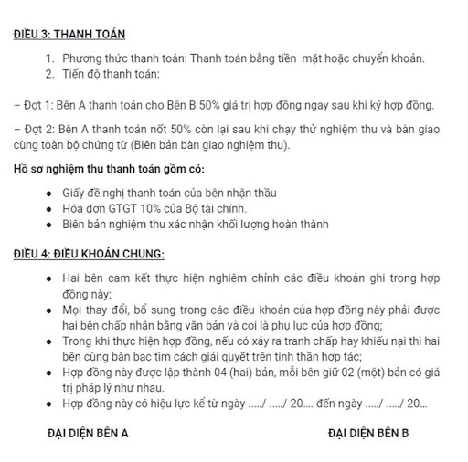 Phần thanh toán mẫu hợp đồng