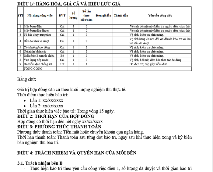 hợp đồng bảo trì hệ thống pccc