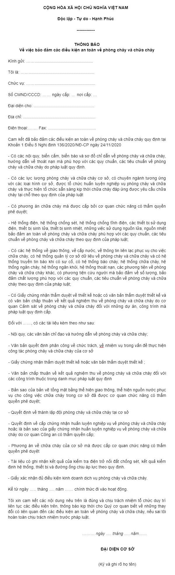 Bản cam kết an toàn PCCC