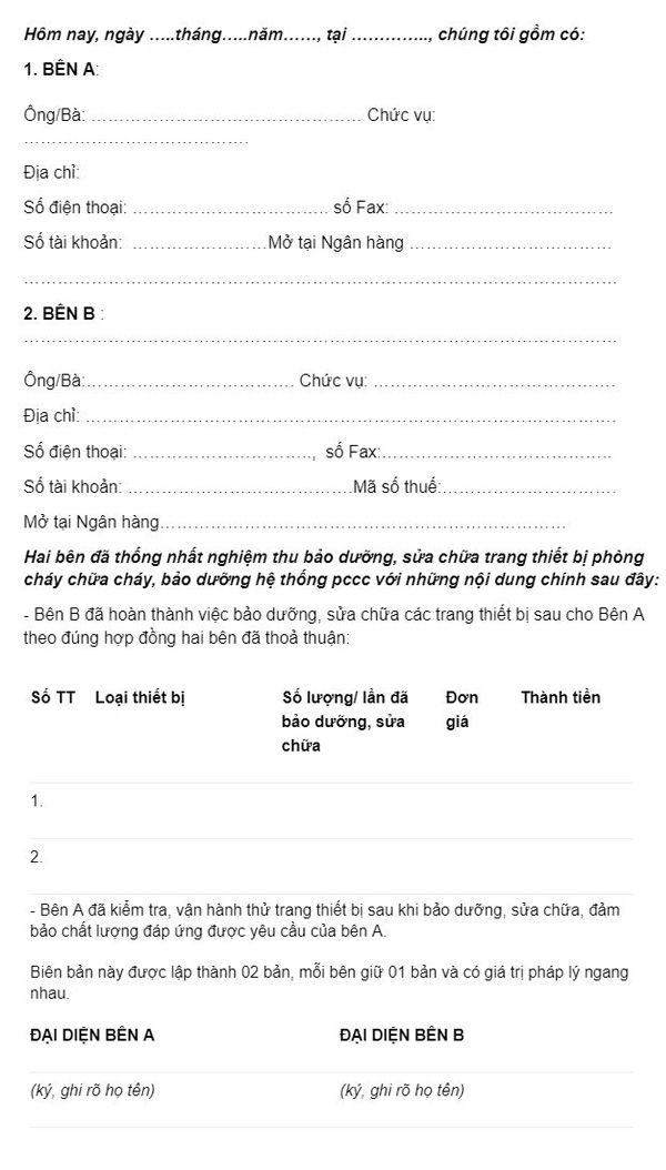 Mẫu biên bản nghiệm thu bảo dưỡng, bảo trì PCCC