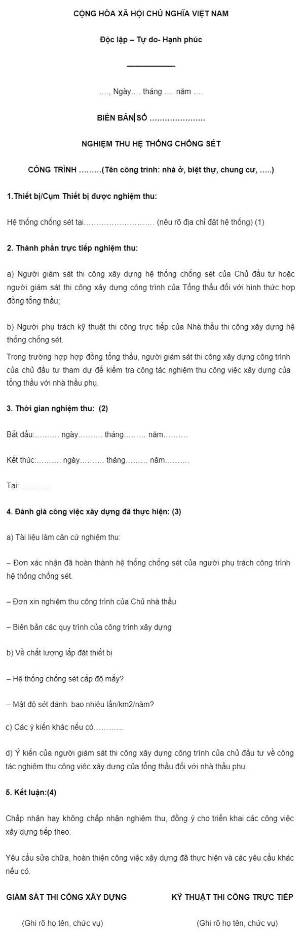 Mẫu biên bản nghiệm thu đo điện trở chống sét