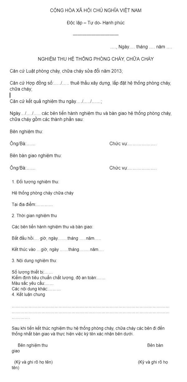 Mẫu biên bản nghiệm thu hệ thống PCCC