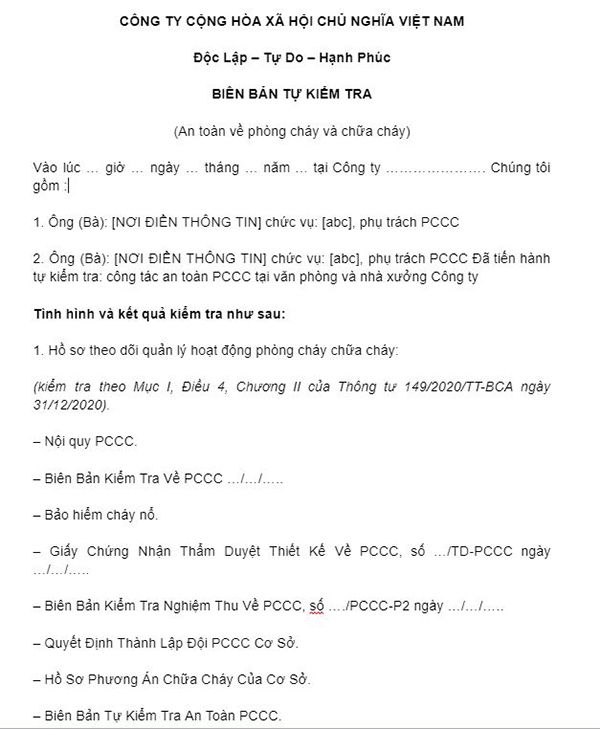 Mẫu biên bản tự kiểm tra PCCC