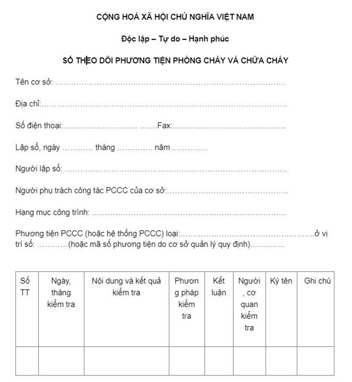 Mẫu sổ theo dõi phương tiện PCCC