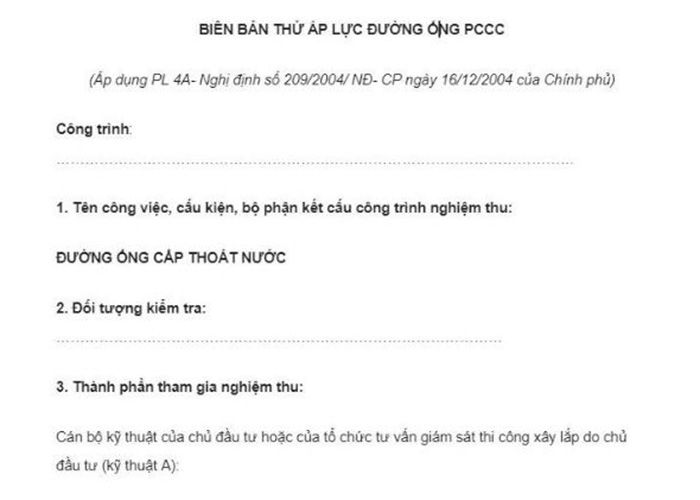 Mẫu biên bản thử áp lực đường ống PCCC chuẩn