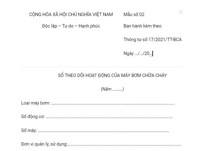 Mẫu sổ theo dõi vận hành máy bơm chữa cháy chi tiết nhất