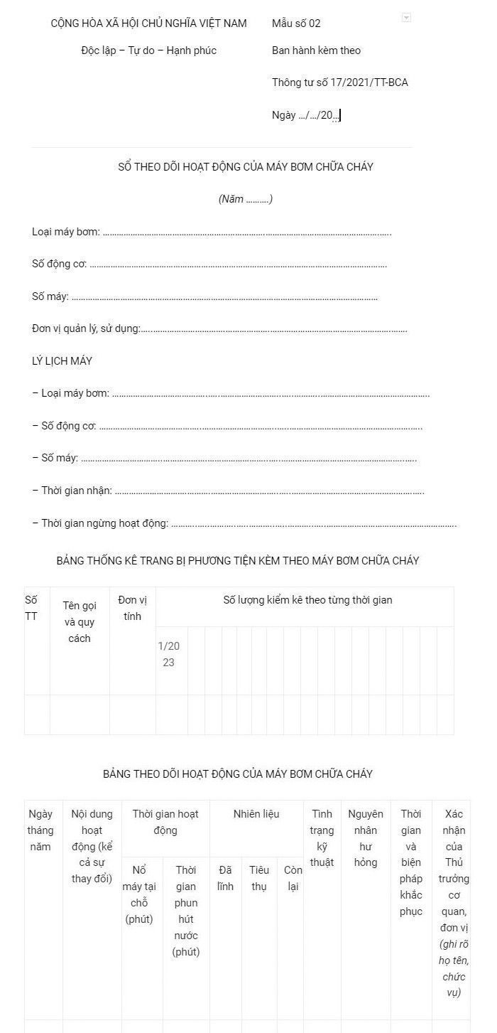 Mẫu sổ theo dõi vận hành máy bơm chữa cháy